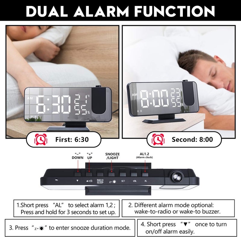 Mightree Projection Alarm Clock for Bedroom, Digital Alarm Clock with USB Charger, 7.4" Large LED Mirror Display Radio Alarm Clock, Dual Smart Alarm with Projection on Ceiling, Black - Image 5